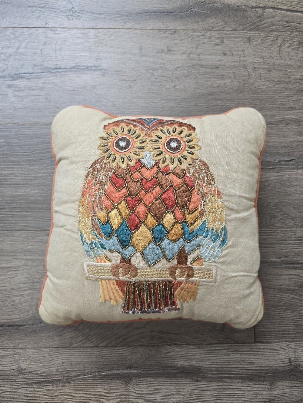 Pier 1 Accent Pillow Owl Embroidered Beaded Neutral Colors Fall